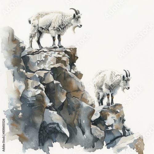 Watercolor painting of a pair of mountain goats scaling a rocky cliffside, on isolated white background, Generative AI