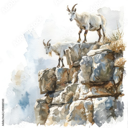 Watercolor painting of a pair of mountain goats scaling a rocky cliffside, on isolated white background, Generative AI