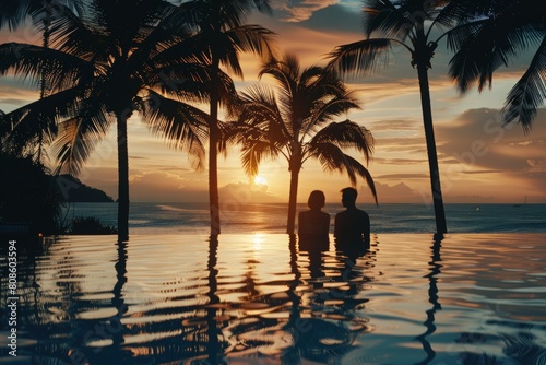 Romantic tropical sunset with silhouetted palm trees reflecting on tranquil water  ideal for travel and vacation themes.  