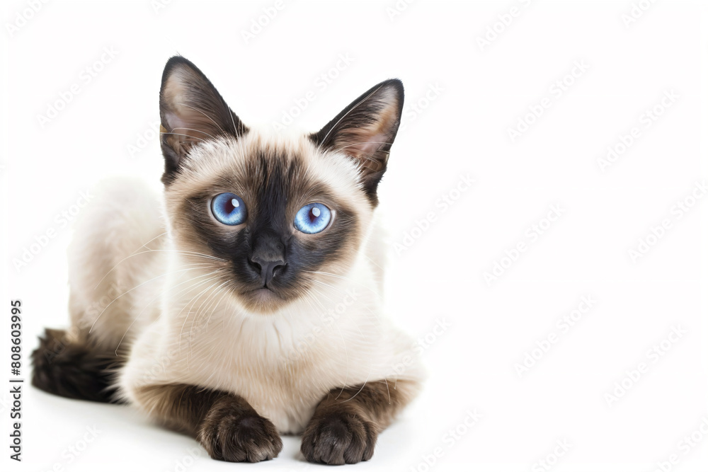 a siamese cat with blue eyes laying down