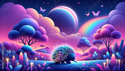 Neon-hued animal echidna set within a fantastical landscape filled with rainbows