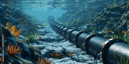 Oil and gas pipelines extending across the deep ocean Energy transportation concept Concept Oil and Gas Pipelines Deep Ocean Energy Transportation Underwater Infrastructure Offshore Engineering