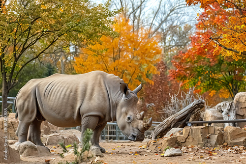 a rhino standing in a zoo enclosure with trees in the background