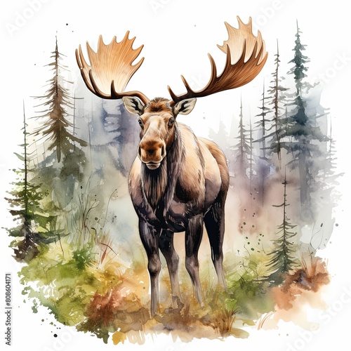 A moose in a forest watercolor clipart illustration on white background