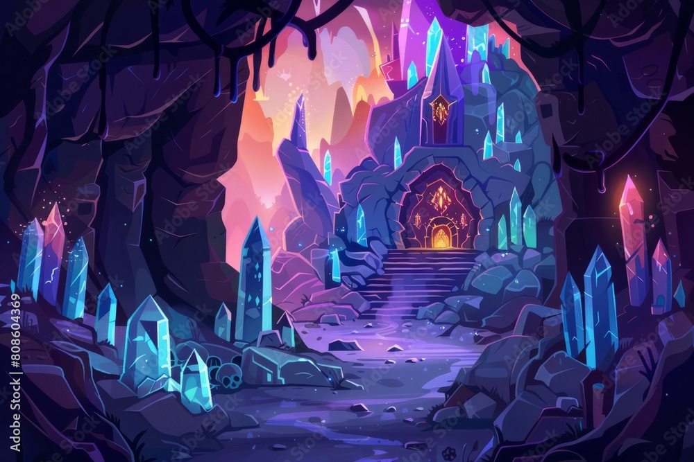 Fototapeta premium Cartoon cute doodles of a majestic palace carved into the walls of a cavern in the underworld, illuminated by glowing crystals and guarded, Generative AI