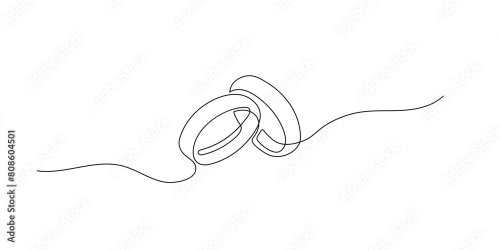 Obraz premium One line line drawing of wedding rings. Romantic elegance concept and symbol of engagement proposal and marriage invitation in simple linear style. Wedding. Doodle vector illustration