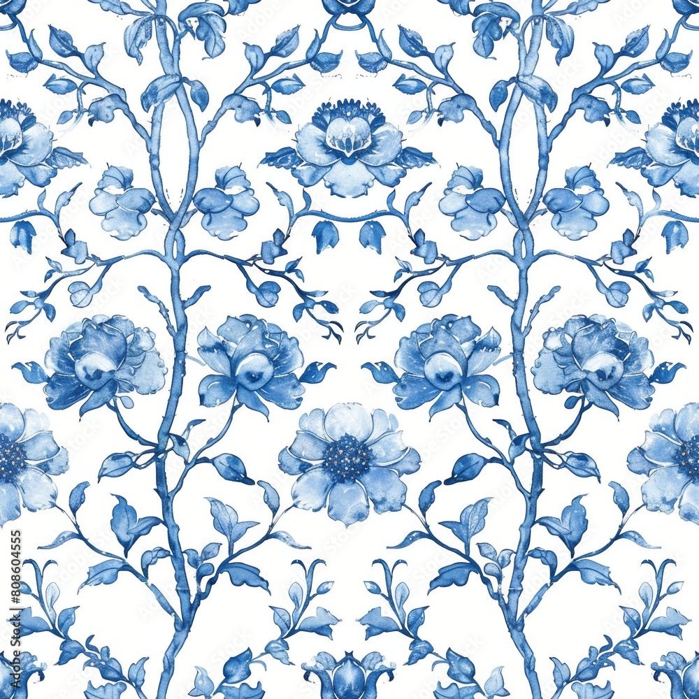 Fototapeta premium Watercolor Seamless pattern with blue and white