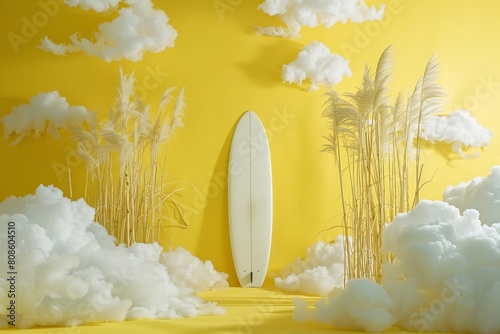 Surreal yellow backdrop with a white surfboard and fluffy cotton clouds, evoking dreamlike scenes of summer and adventure.

