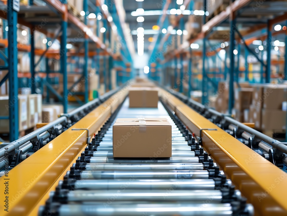 Boxes are transported on a conveyor belt in a warehouse. Boxes are transported on a conveyor belt in a warehouse.