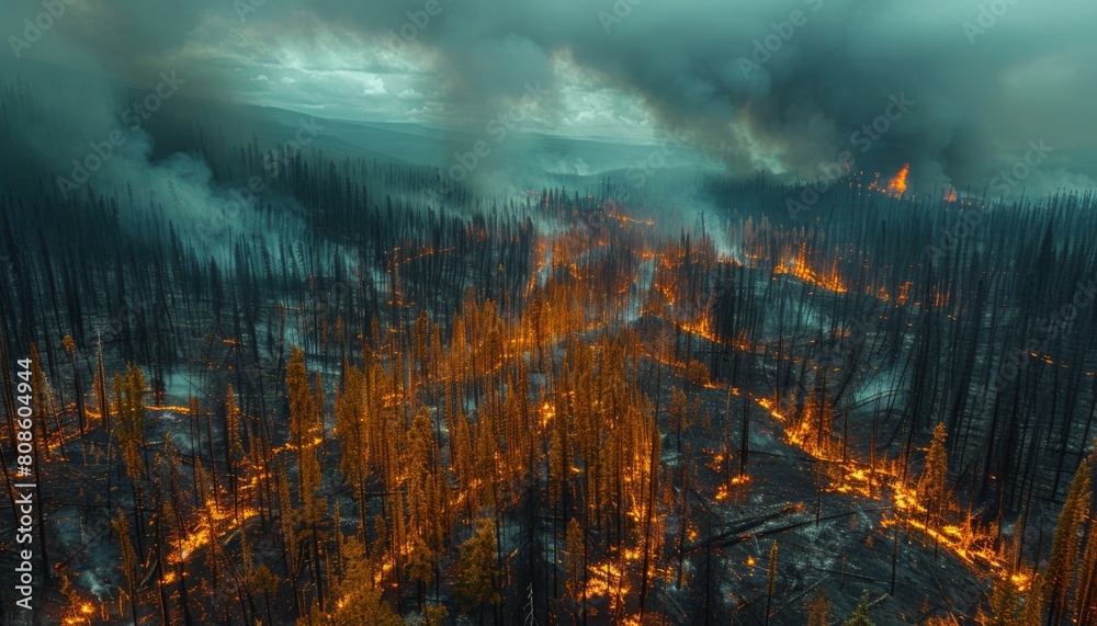 An aerial view of a vast forest landscape marked by a patchwork of burn scars and wildfire An aerial view of a vast forest landscape marked by a patchwork of burn scars and wildfire
