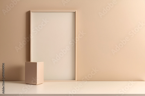 Minimalistic Beige Wall with Empty Frame, Table, and Window, 3D Illustration, Ai generated

