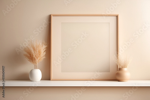Minimalistic Beige Wall with Empty Frame, Table, and Window, 3D Illustration, Ai generated

