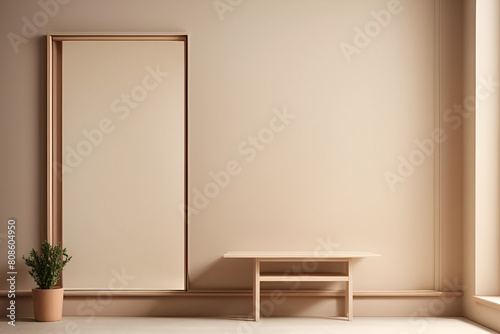 Minimalistic Beige Wall with Empty Frame, Table, and Window, 3D Illustration, Ai generated

