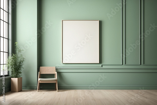 Minimalistic light green Wall with Empty Frame  Table  and Window  3D Illustration  Ai generated  