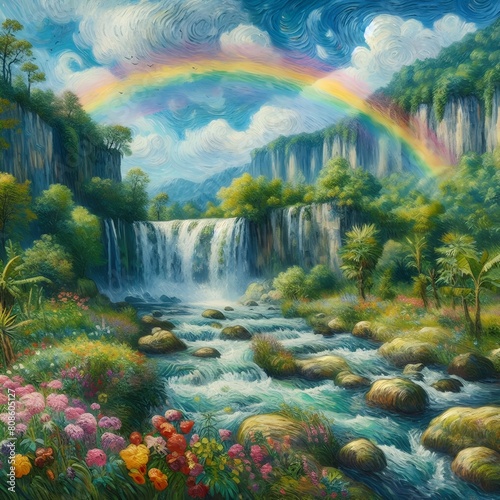 A rainbow over a waterfall.  © JYX Art
