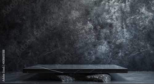 A black table with a marble stone base is in front of a wall, Dark Textured Wall Contrasts Smooth Black Marble table, Product Display montage advertising with Space for Text