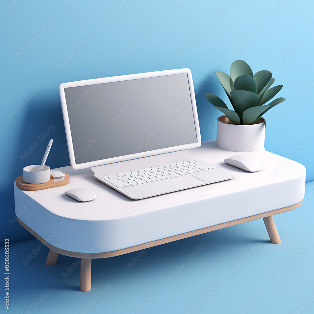 Fototapeta premium Laptop and mobile phone on white table. 3D rendering.