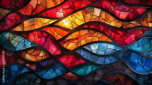 A stained glass pattern with sunlight streaming through vibrant reds and blues background photo
