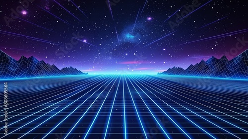 Retro 80s style grid lines in neon blue receding into a dark starry sky background photo