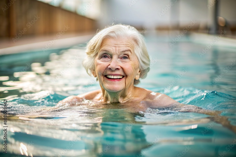 Fototapeta premium An elderly woman swims and does water aerobics in a heated pool, a happy and smiling retired woman. Recreational water sports.