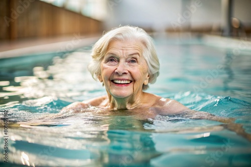 An elderly woman swims and does water aerobics in a heated pool, a happy and smiling retired woman. Recreational water sports. © Юлия Клюева