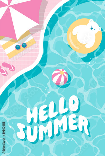 summer vector background with a polar bear floating in the swimming pool for banners, cards, flyers, social media wallpapers, etc.