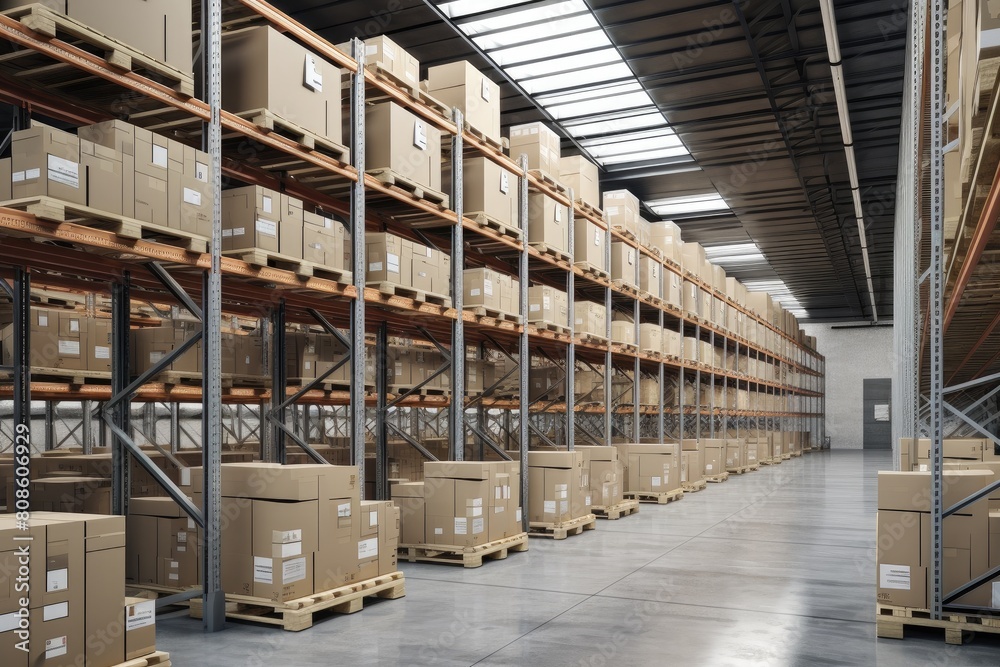 A large and orderly warehouse with high shelves filled with boxes. The floor is marked with yellow lines for safety and organization. Boxes are neatly stacked on shelves, some with labels.