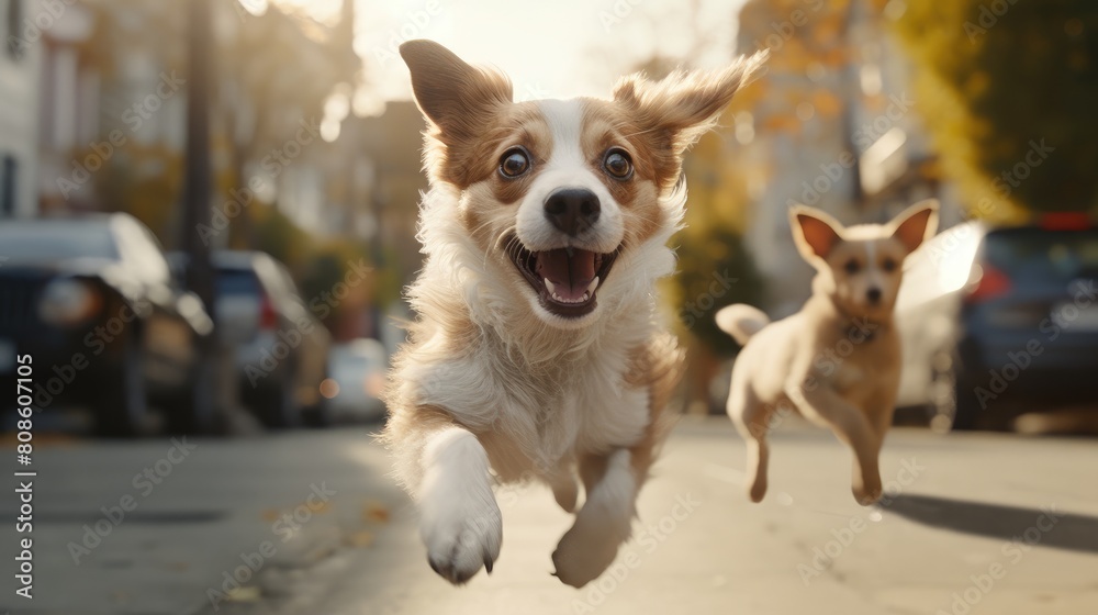 A playful and curious dog runs quickly along a sunny city street.