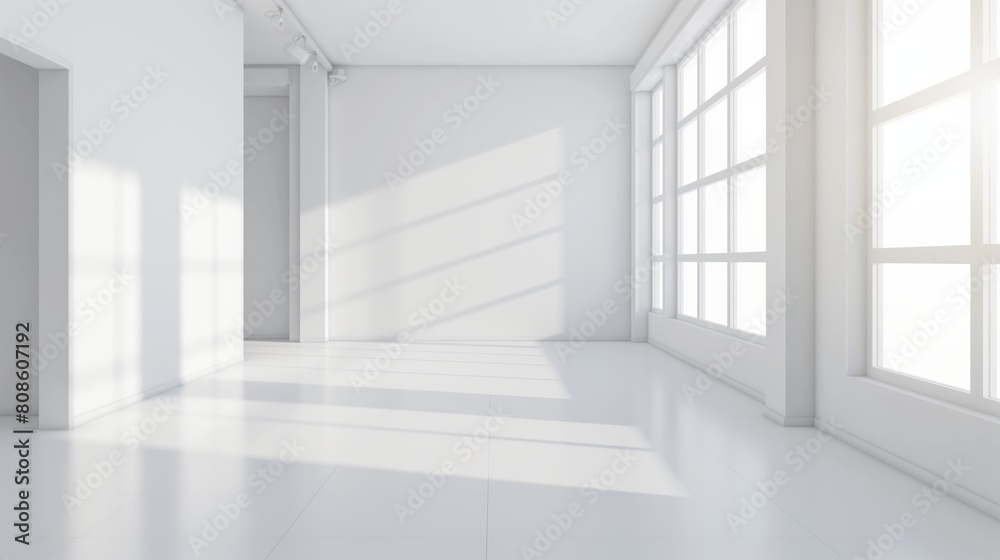 A large, empty room with white walls and a white floor. The room is very bright and airy, with a lot of natural light coming in through the windows. The space feels open and inviting A large, empty room with white walls and a white floor. The room is very bright and airy, with a lot of natural light coming in through the windows. The space feels open and inviting