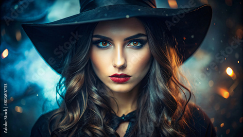 Portrait of a witch with decoration and epic scene