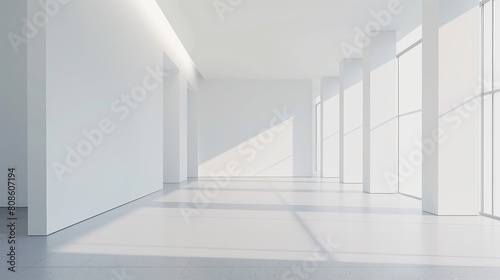 A large  empty room with white walls and a white floor. The room is very bright and open  with a lot of natural light coming in through the windows. The space feels very clean and uncluttered