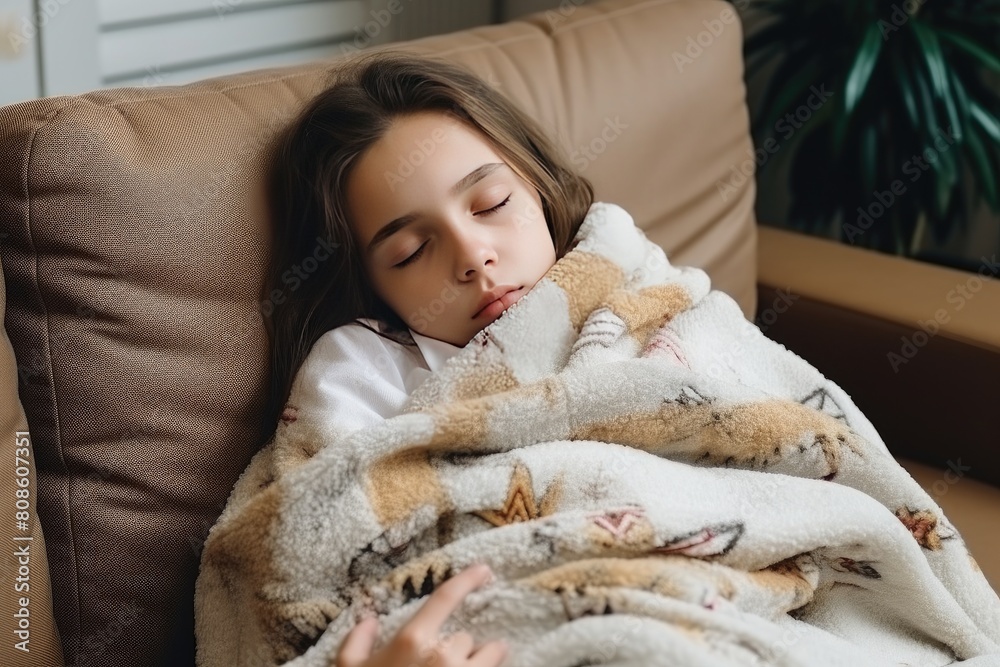 The girl lies resting on a soft sofa, wrapped in a blanket. A sick child is sleeping. The girl lies resting on a soft sofa, wrapped in a blanket. A sick child is sleeping.