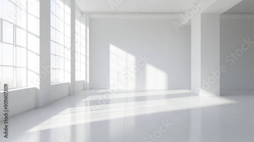 A large  empty room with white walls and a white floor. The room is very bright and airy  with large windows letting in plenty of natural light. The space feels open and uncluttered