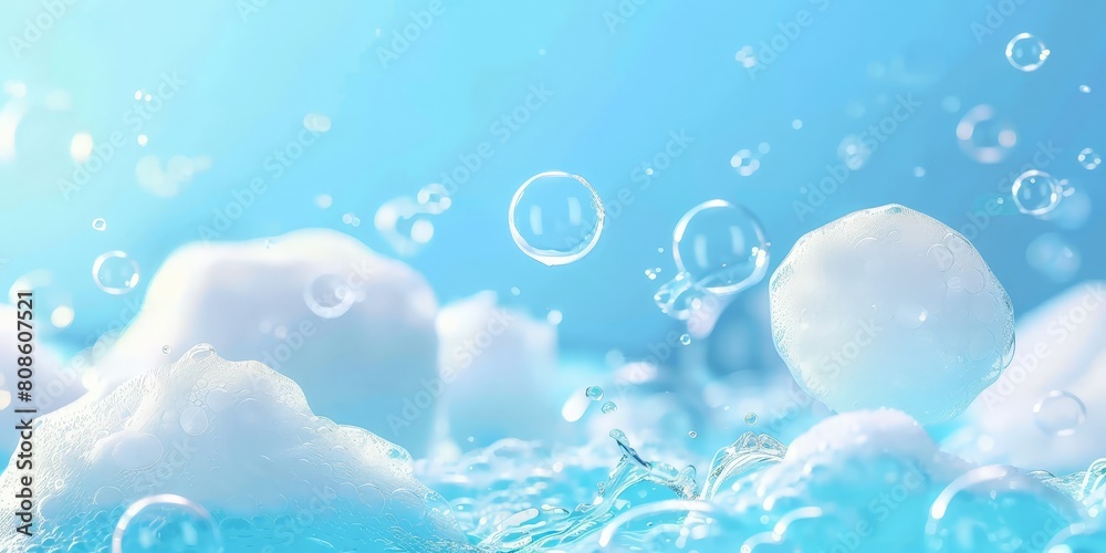 White bubbles on a blue background, soap foam bubbles floating in the air White bubbles on a blue background, soap foam bubbles floating in the air