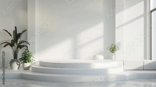Minimalist Realistic 3D White podium with a Clean Living Room Background  front view focus ideal for luxury lifestyle product display stag  front view focus  sleek pedestal  abstract  stand