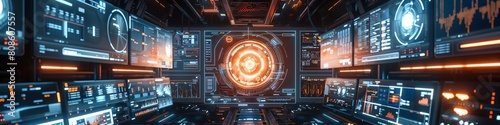 Futuristic spaceship cockpit interior with control panels and screens. Concept art. photo