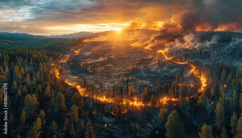 An aerial view of a vast forest landscape marked by a patchwork of burn scars and wildfire photo