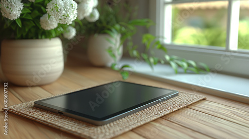 A tablet is sitting on a wooden table next to a vase of flowers