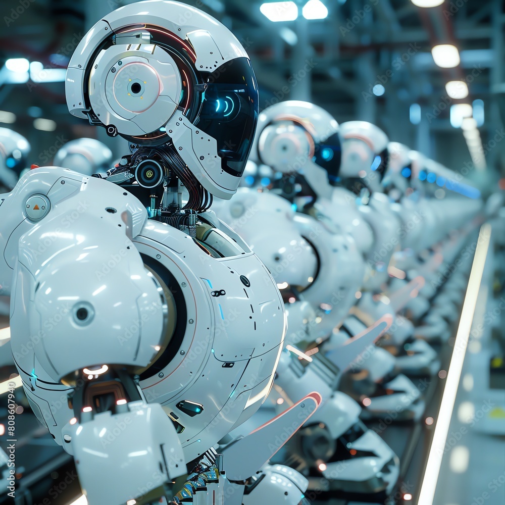 An assembly line of advanced humanoid robots. The robots are made of white metal and have blue glowing eyes. They are all looking in the same direction. An assembly line of advanced humanoid robots. The robots are made of white metal and have blue glowing eyes. They are all looking in the same direction.