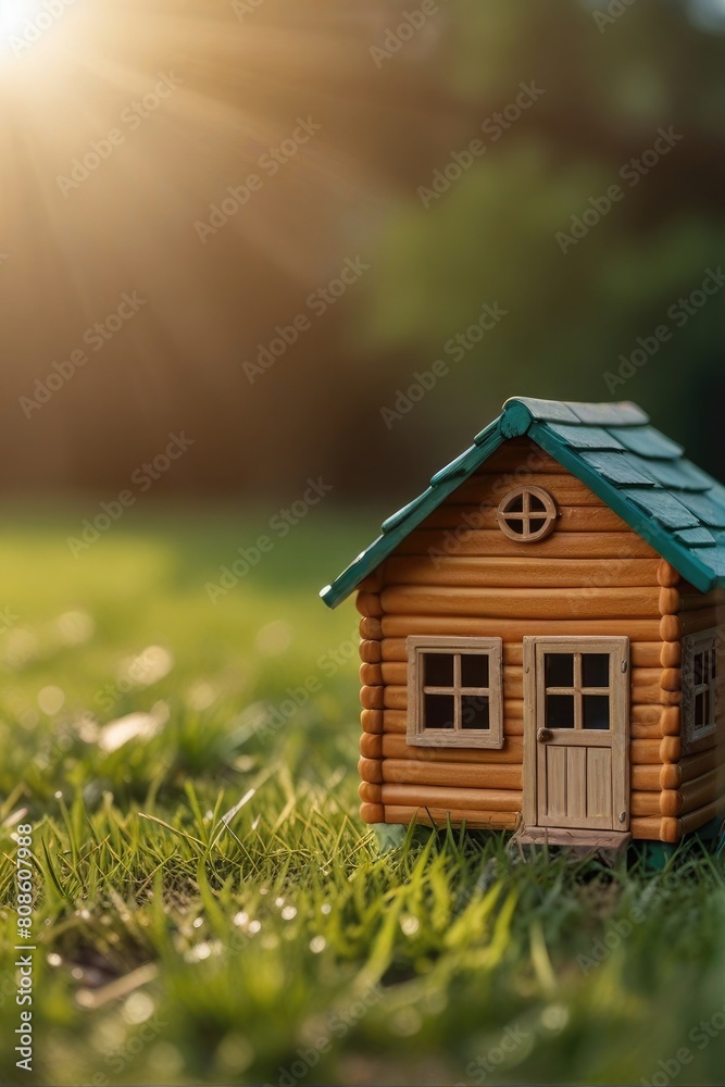Wooden home friendly on grass. Wooden toy house in green grass banner copyspace. House in forest with greenery around, modern energy efficiency construction Wooden home friendly on grass. Wooden toy house in green grass banner copyspace. House in forest with greenery around, modern energy efficiency construction