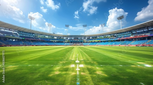 Cricket stadium with green field and blue sky