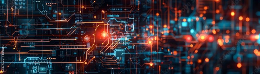 A glowing orange and blue circuit board with glowing nodes. A glowing orange and blue circuit board with glowing nodes.