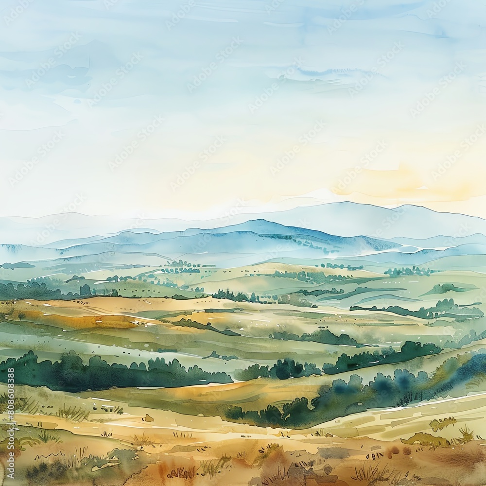 Create a watercolor painting of a vast hilly landscape with a mountain range in the distance