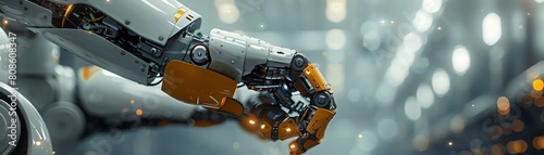 A robotic arm with white and orange segments is shown in a close-up view photo