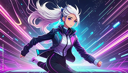 Running Long Ponytail Hair Girl wears Jacket, Dynamic Cyberpunk Anime Style Illustration photo