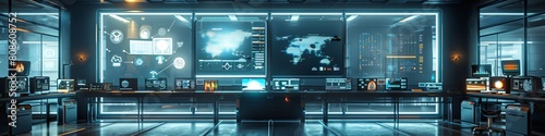 Futuristic Network Operations Center with Large Glass Windows and Digital Screens Showing Various Data and Statistics.