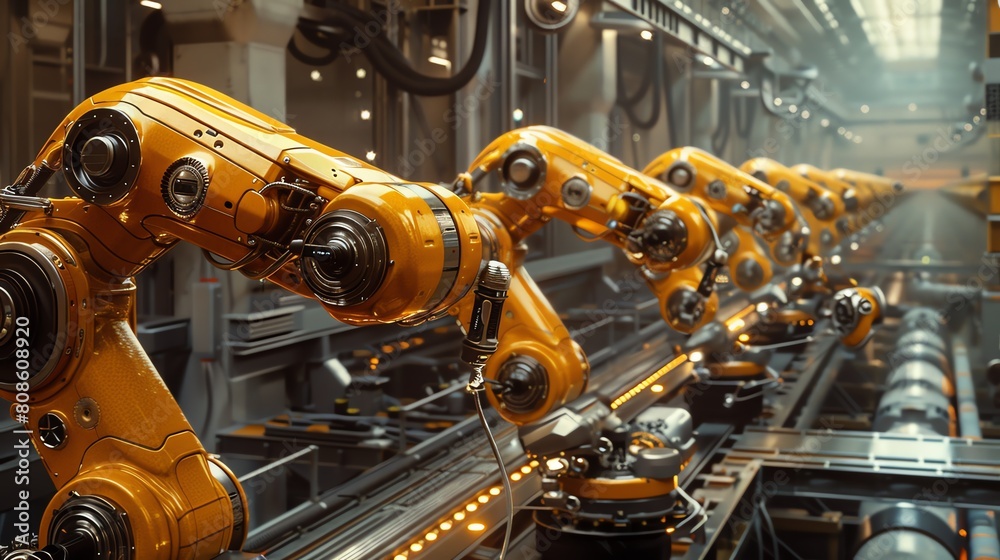 A production line of robotic arms working in a factory. The arms are yellow and made of metal. They are all working on different tasks. A production line of robotic arms working in a factory. The arms are yellow and made of metal. They are all working on different tasks.