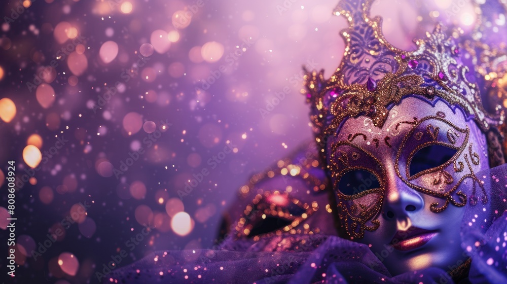 Festive venetian mask on a gradient purple background, copy space background