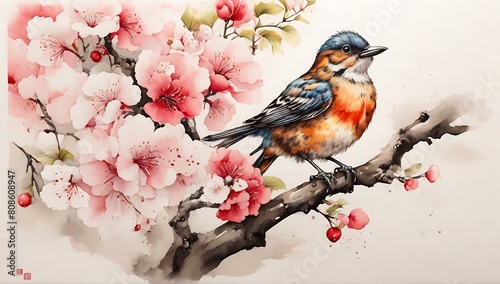 background of birds and butterflies perched on cherry blossom stems in traditional sumi-e painting style, copy space, wallpaper made with ai generative
