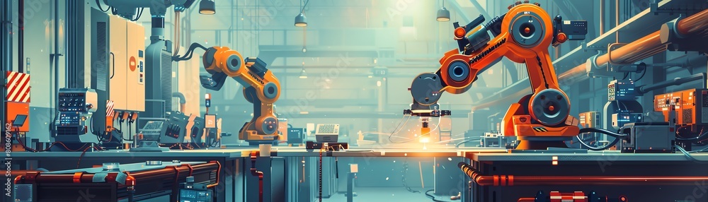A robotic arm welding in a factory. The factory is full of machinery and the sparks from the welding are flying. The robot is very precise and is welding a complex part.